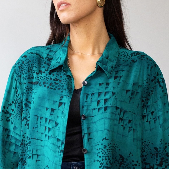 Vintage Teal Cheetah Print Blouse L - Picture 7 of 7